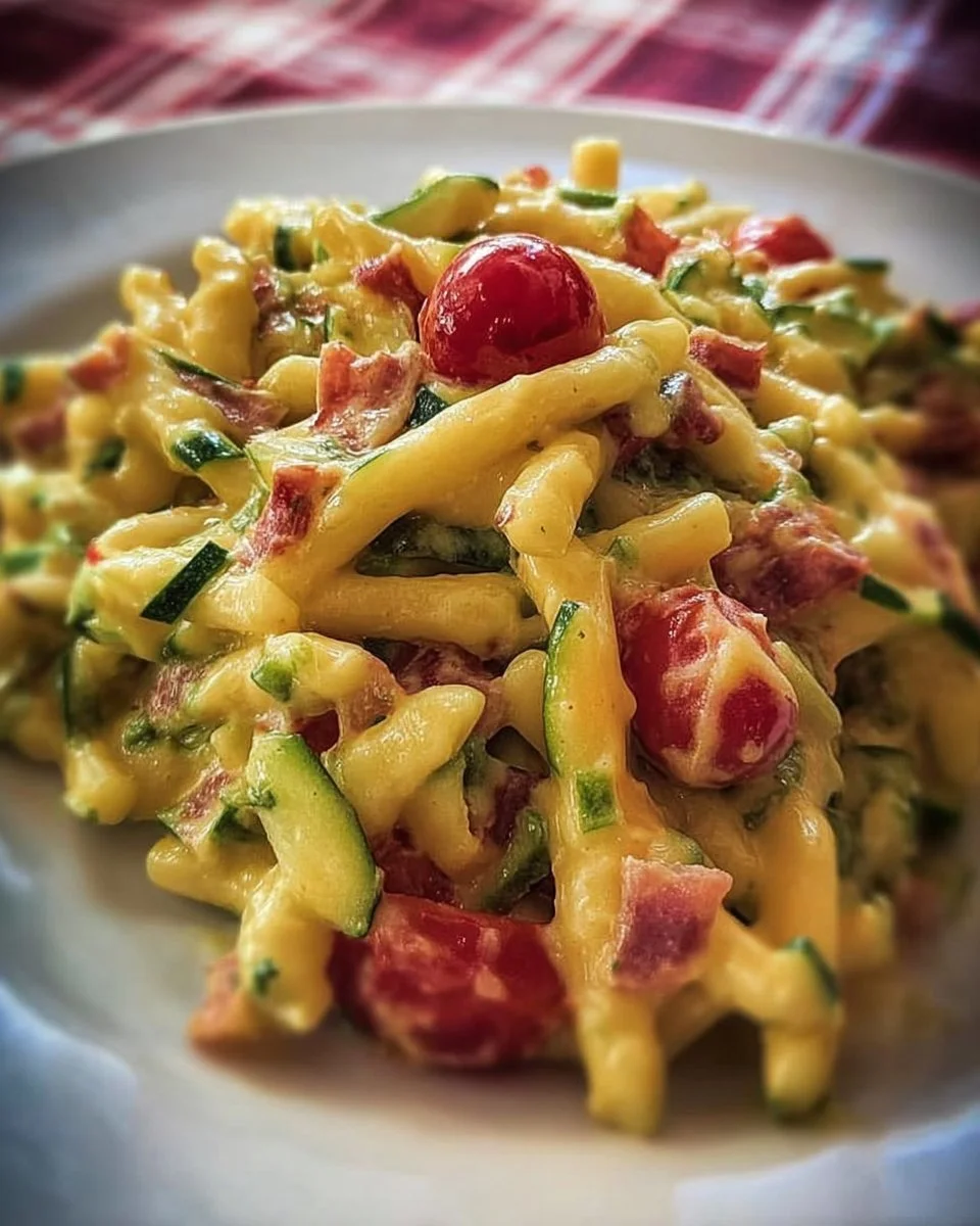Casarecce avec courgettes, jambon fumé, béchamel et tomates cerises.