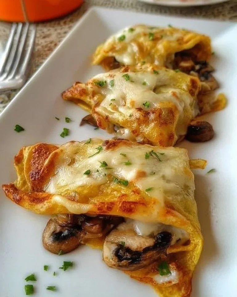 Fagottini de Crêpes aux Champignons délicatement présentés dans une assiette.