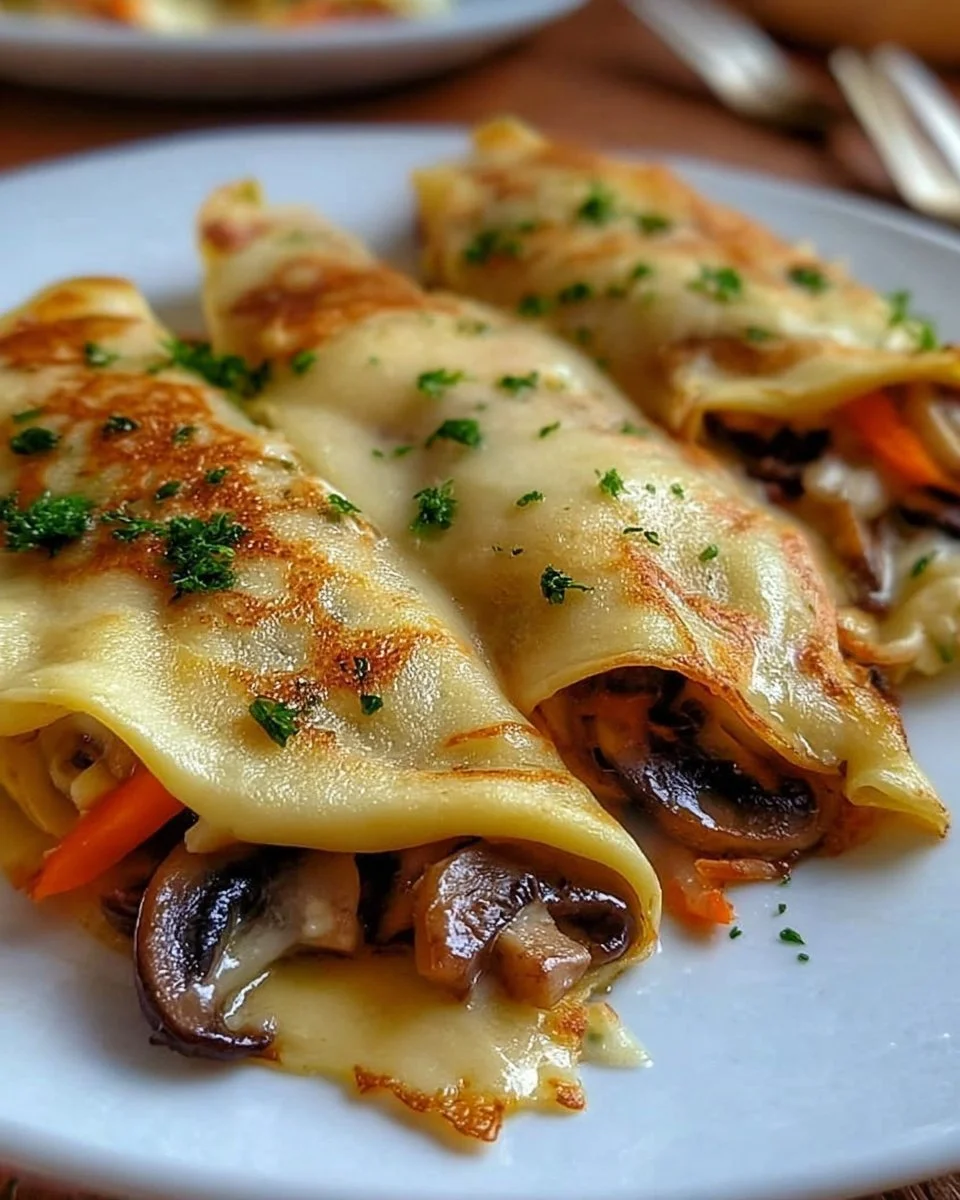 Fagottini de crêpes aux champignons délicatement présentés sur une assiette