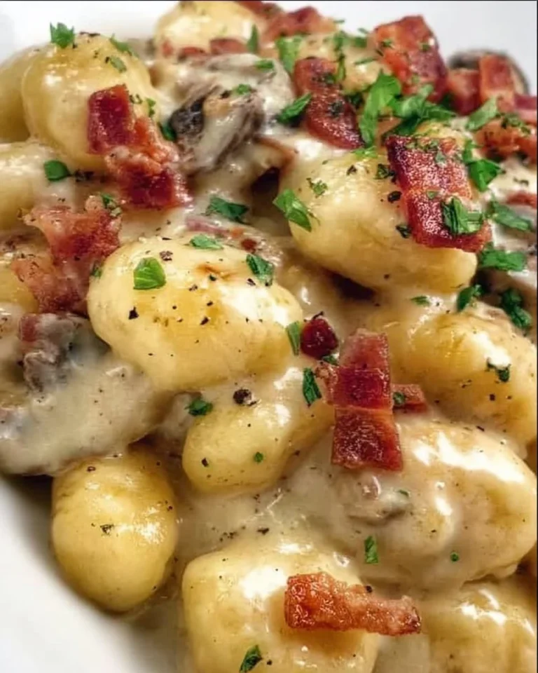 Gnocchis à la crème de parmesan avec champignons et speck dans une assiette