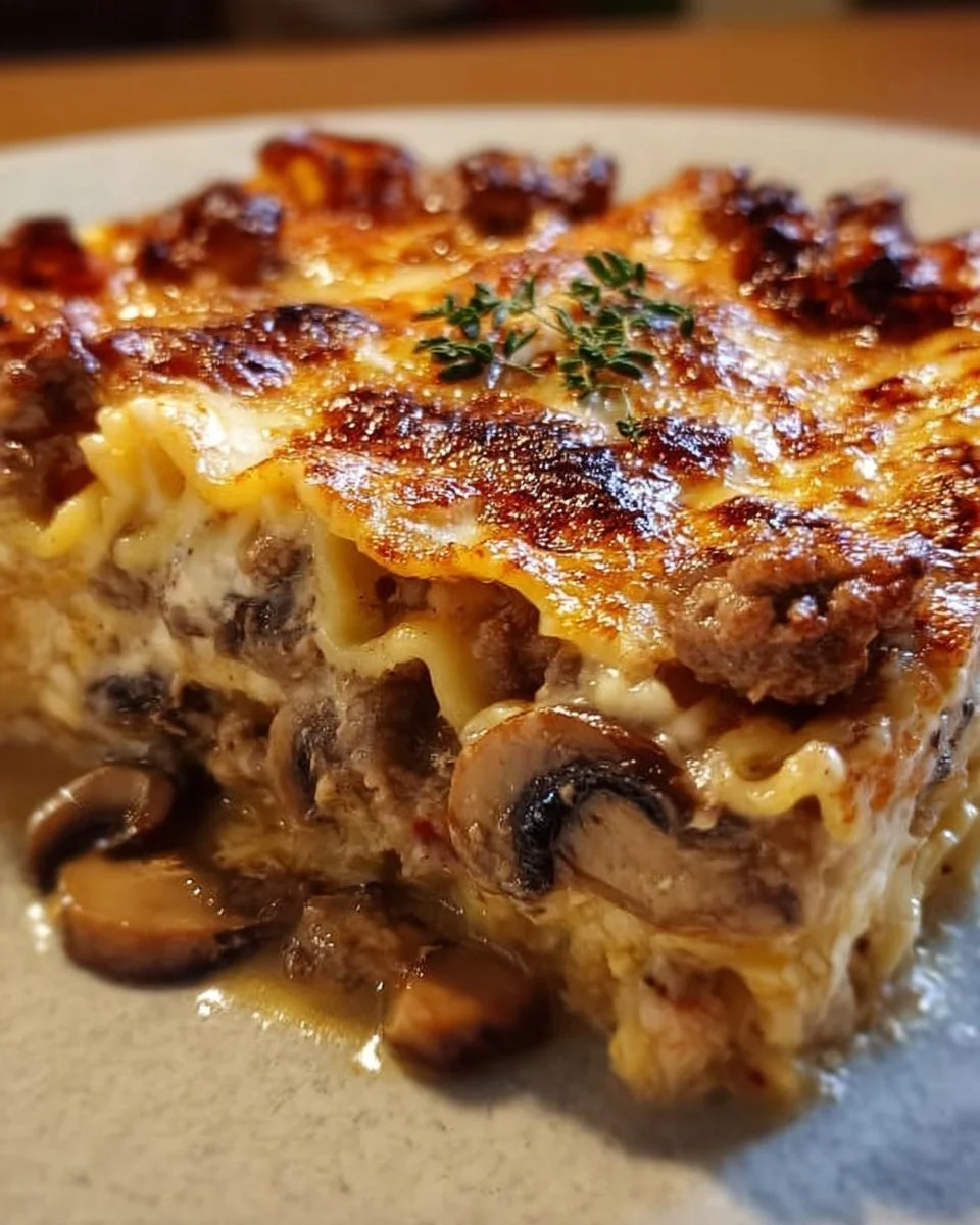 Lasagne savoureuse aux champignons et saucisse, prête à savourer.