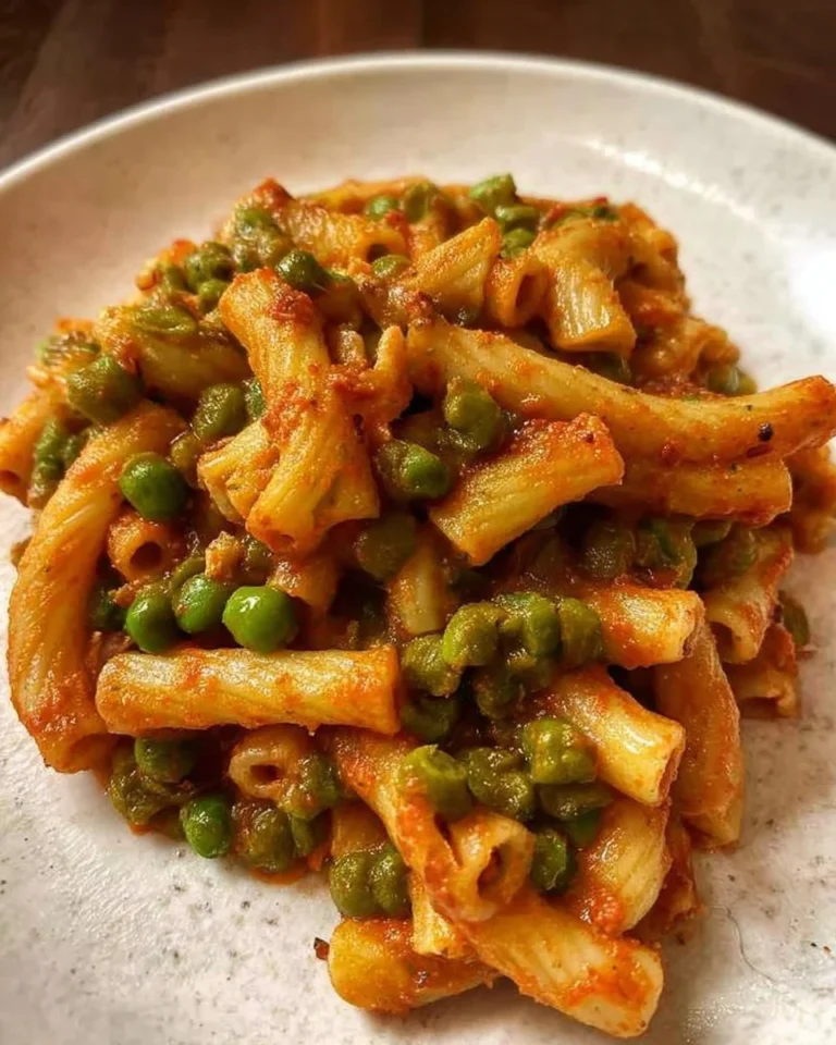 Plat de Maccheroncini aux Petits Pois garni de fromage et d'herbes.