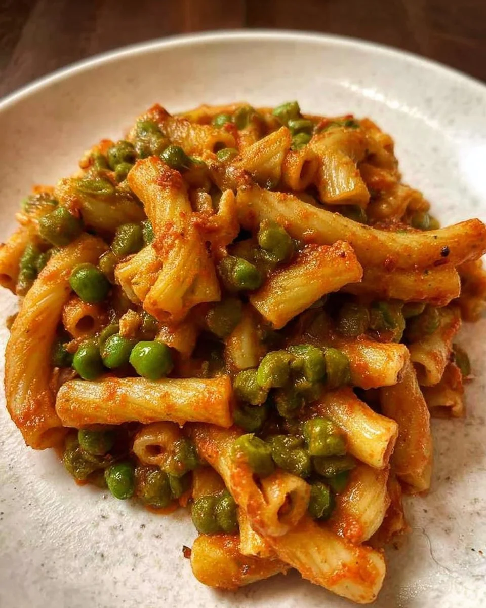 Plat de Maccheroncini aux Petits Pois garni de fromage et d'herbes.