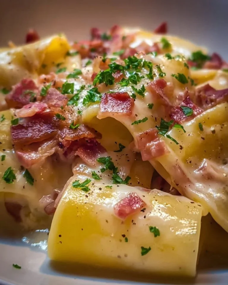 Paccheri avec crème de pommes de terre et pancetta, un plat savoureux et réconfortant.