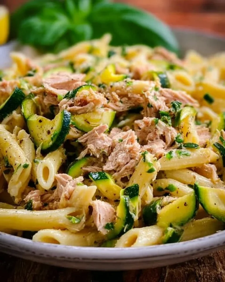 Pasta aux courgettes et thon, plat savoureux et rapide à préparer.