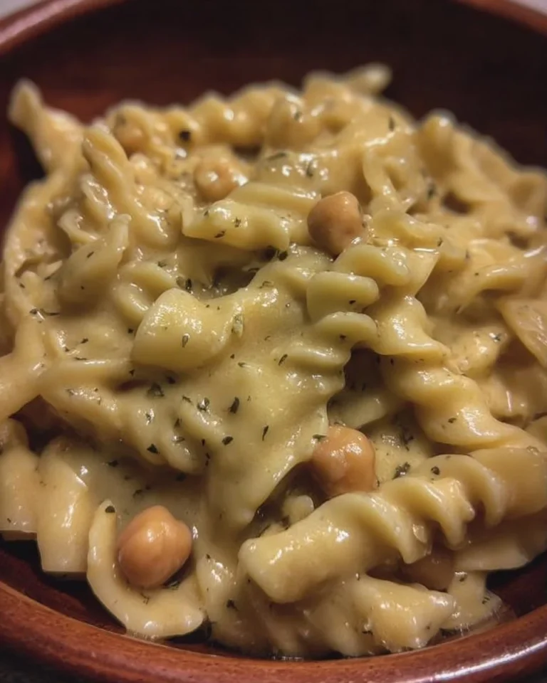 Recette de pâtes et pois chiches crémeux avec des ingrédients frais et savoureux.