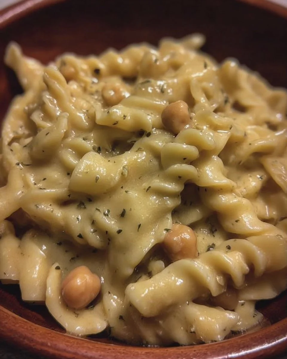 Recette de pâtes et pois chiches crémeux avec des ingrédients frais et savoureux.