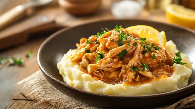 Sauce au poulet effiloché avec purée de pommes de terre dans une assiette chaude