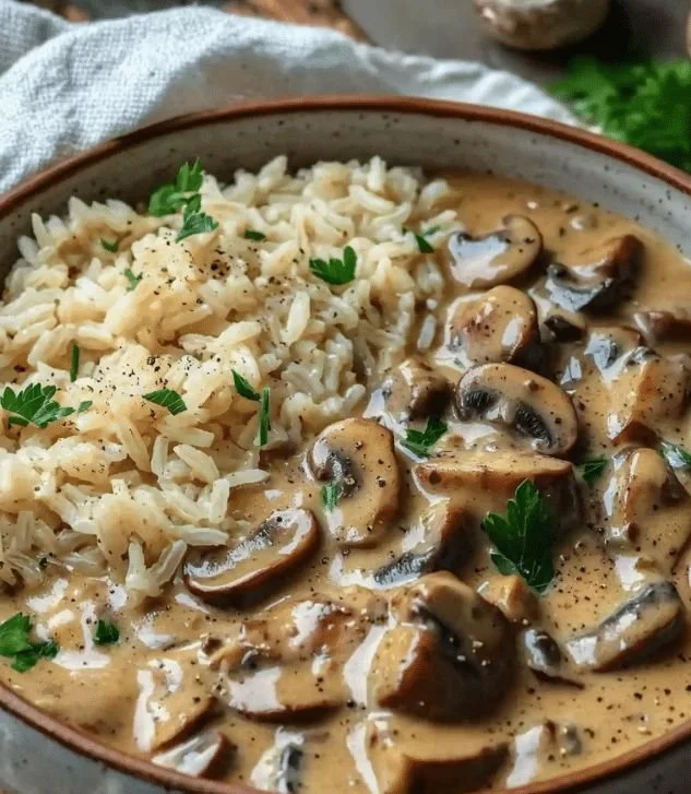 Plat de Stroganoff de Champignons accompagné de riz complet