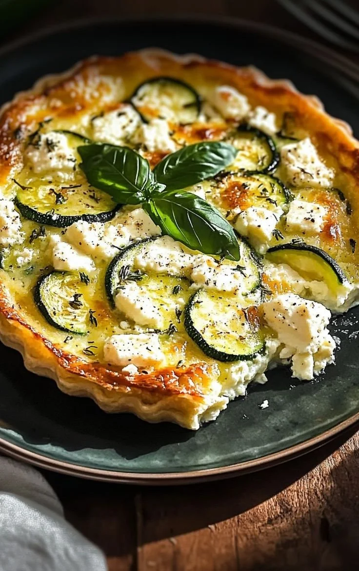Tarte Courgette Feta avec une croûte dorée et des légumes frais