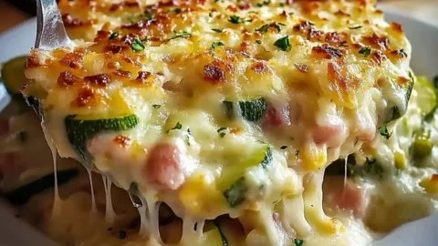 Gratin de courgettes crémeux avec jambon et riz, un plat réconfortant