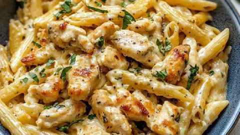 Pâtes au Poulet Marry Me garnies de légumes frais et d'épices savoureuses.