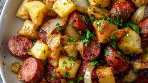 Pommes de terre frites avec oignons et saucisse polonaise fumée