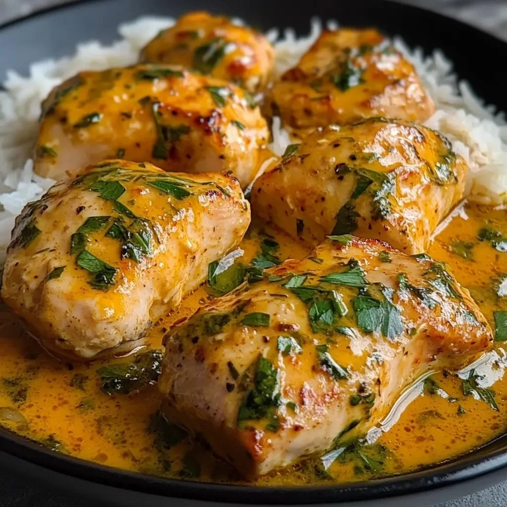 Recette de poulet crémeux sain et faible en calories servie dans une assiette