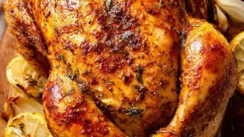 Poulet entier fumé lentement avec une peau croustillante et une chair tendre